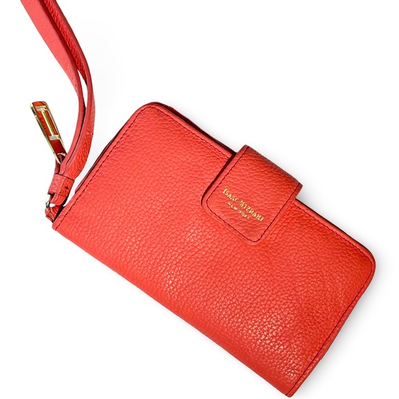 Isaac Mizrahi Wallet Red Pebbled Leather Phone Case Card Holder Clutch Wristlet - Picture 1 of 9